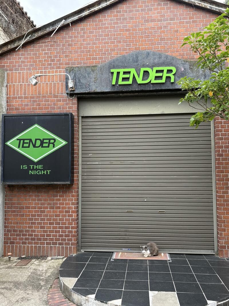 レンガ壁の入口に残る緑ロゴの「TENDER」看板