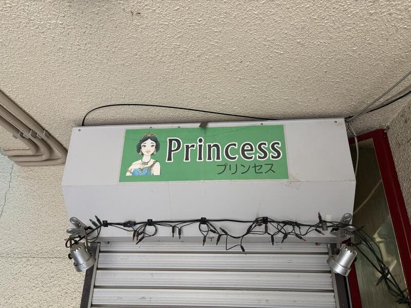 イラスト入りの緑帯が目を引く白い「Princess」看板