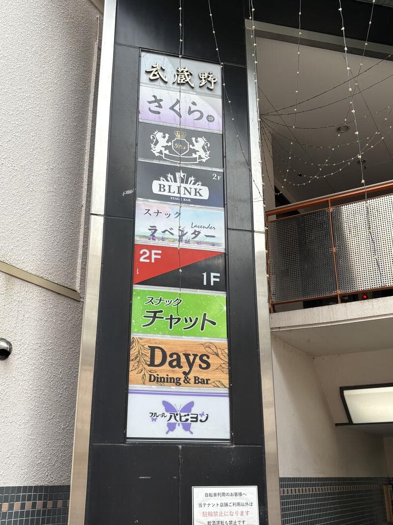 武蔵野BLDの入口に並ぶ「BLINK」「チャット」「Days」などの案内看板