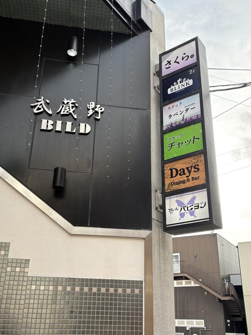 黒い外壁の武蔵野BLDに掛かる縦型集合看板