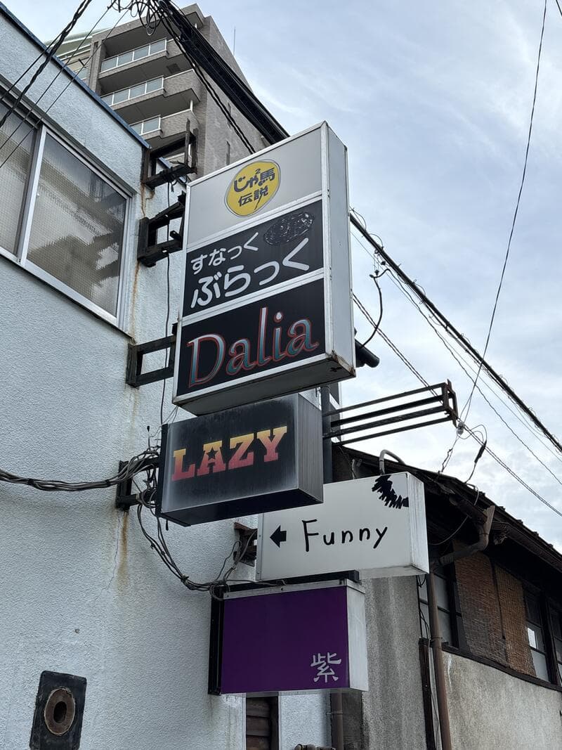 Dalia、LAZY、Funny、紫が並ぶ袖看板群
