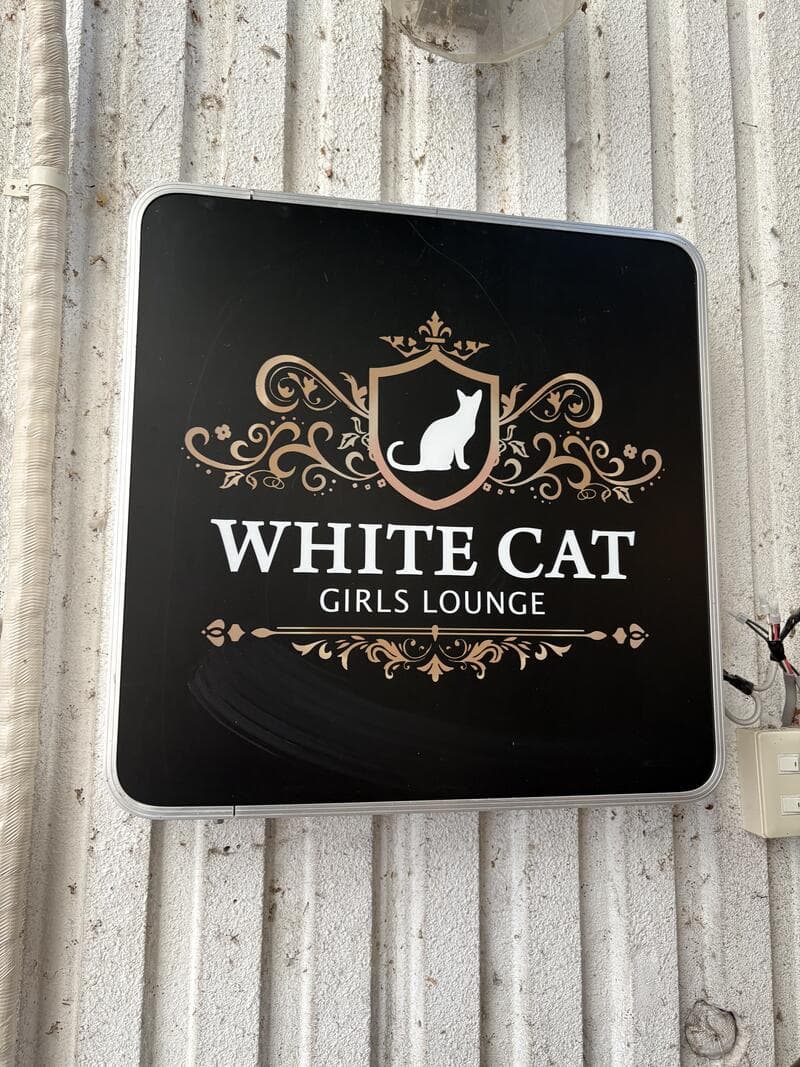 黒地に猫紋章の「WHITE CAT GIRLS LOUNGE」看板