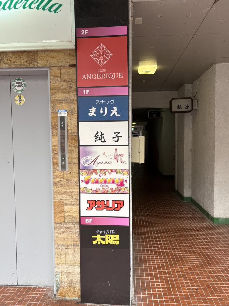 富山・桜木町の階段脇に並ぶ縦長のビル案内看板