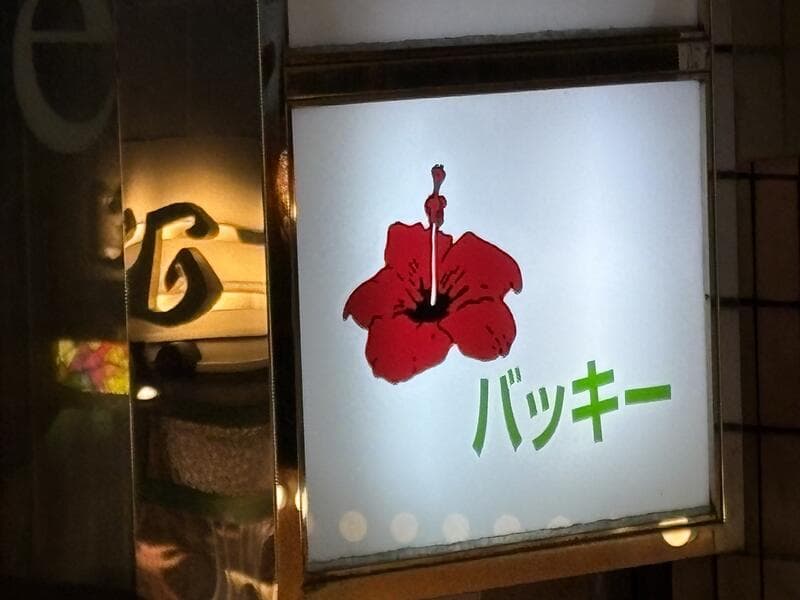 渋谷の夜に浮かぶハイビスカスの「バッキー」看板