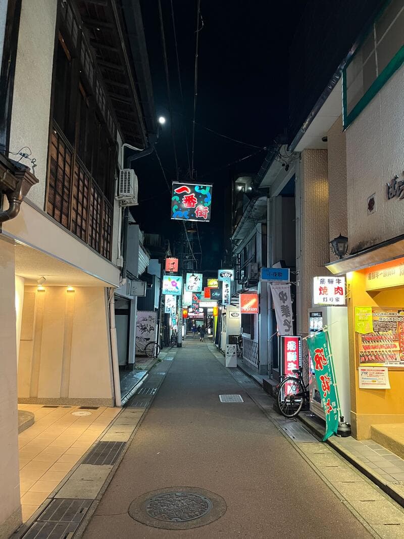 高山・朝日町一番街の奥に連なる夜の看板群